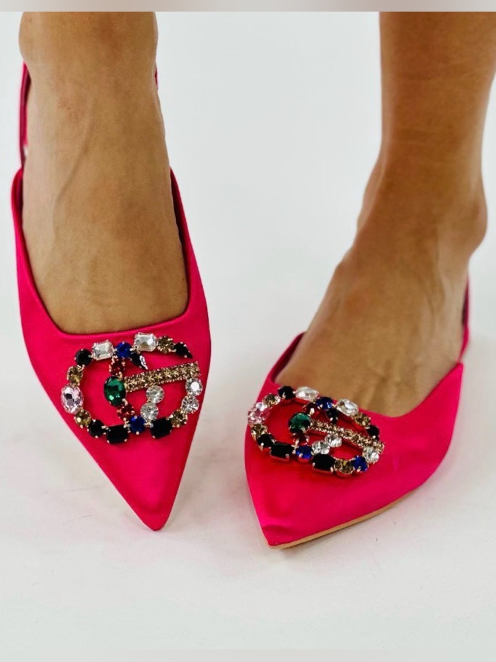 NIB -Pazzle Hot Pink Pointed Satin Jewe Embellished Slingback Flats Woman's 7.5